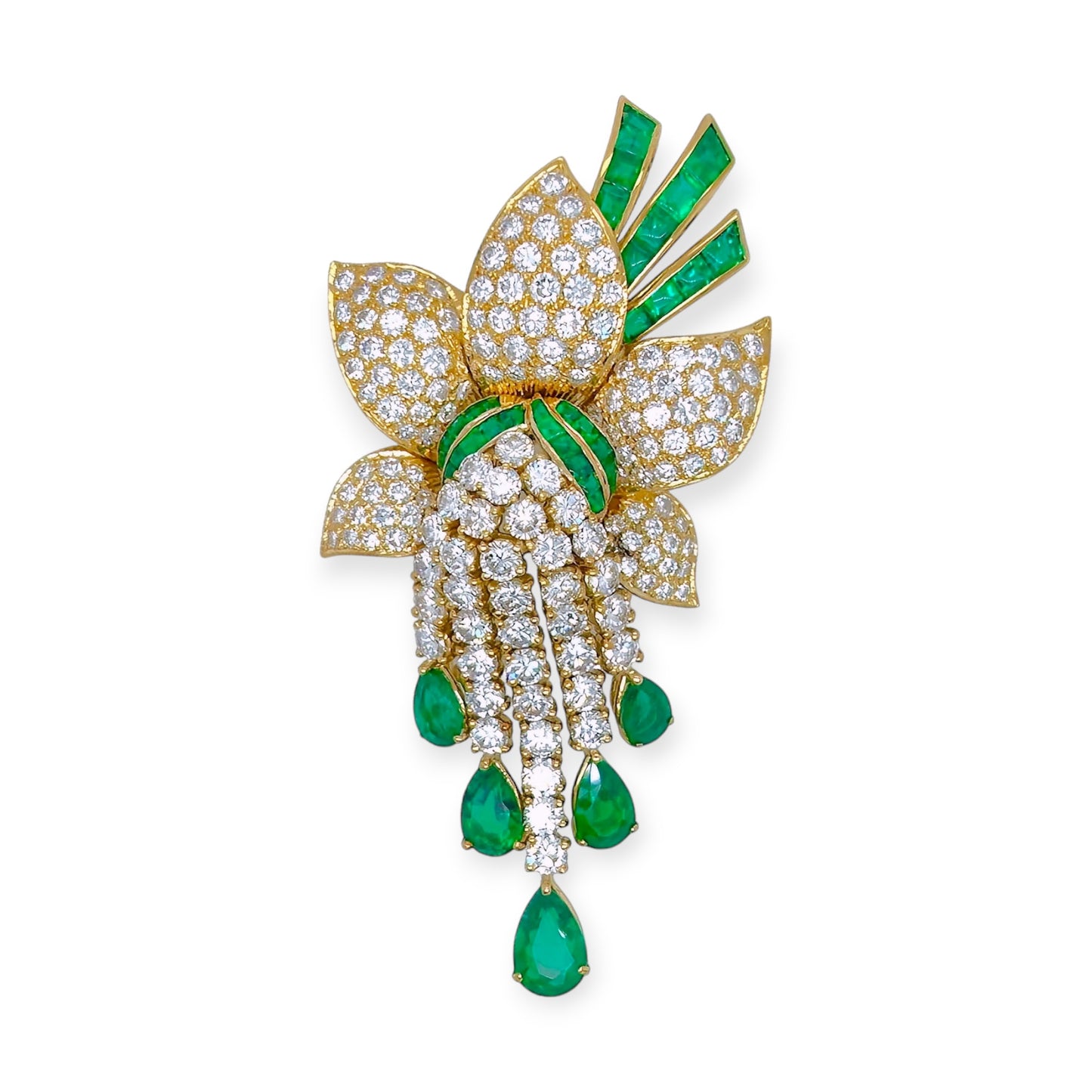 Emerald Diamond Stylized Flower Brooch