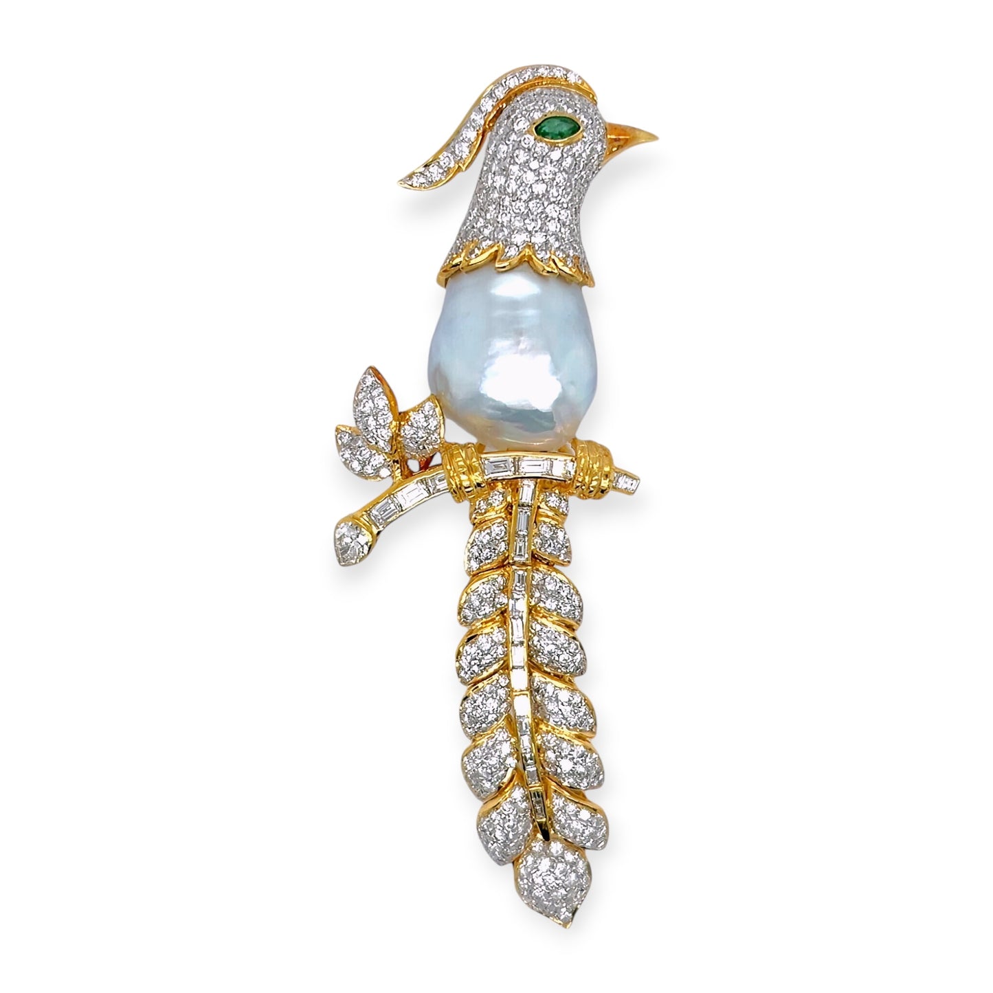 Gold Pearl Emerald Diamond Perched Bird Brooch