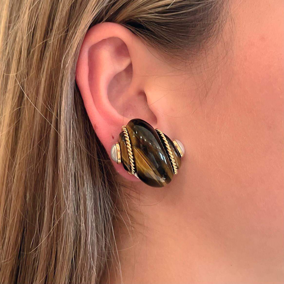 Verdura Tiger's Eye Pearl Shell Gold Earrings