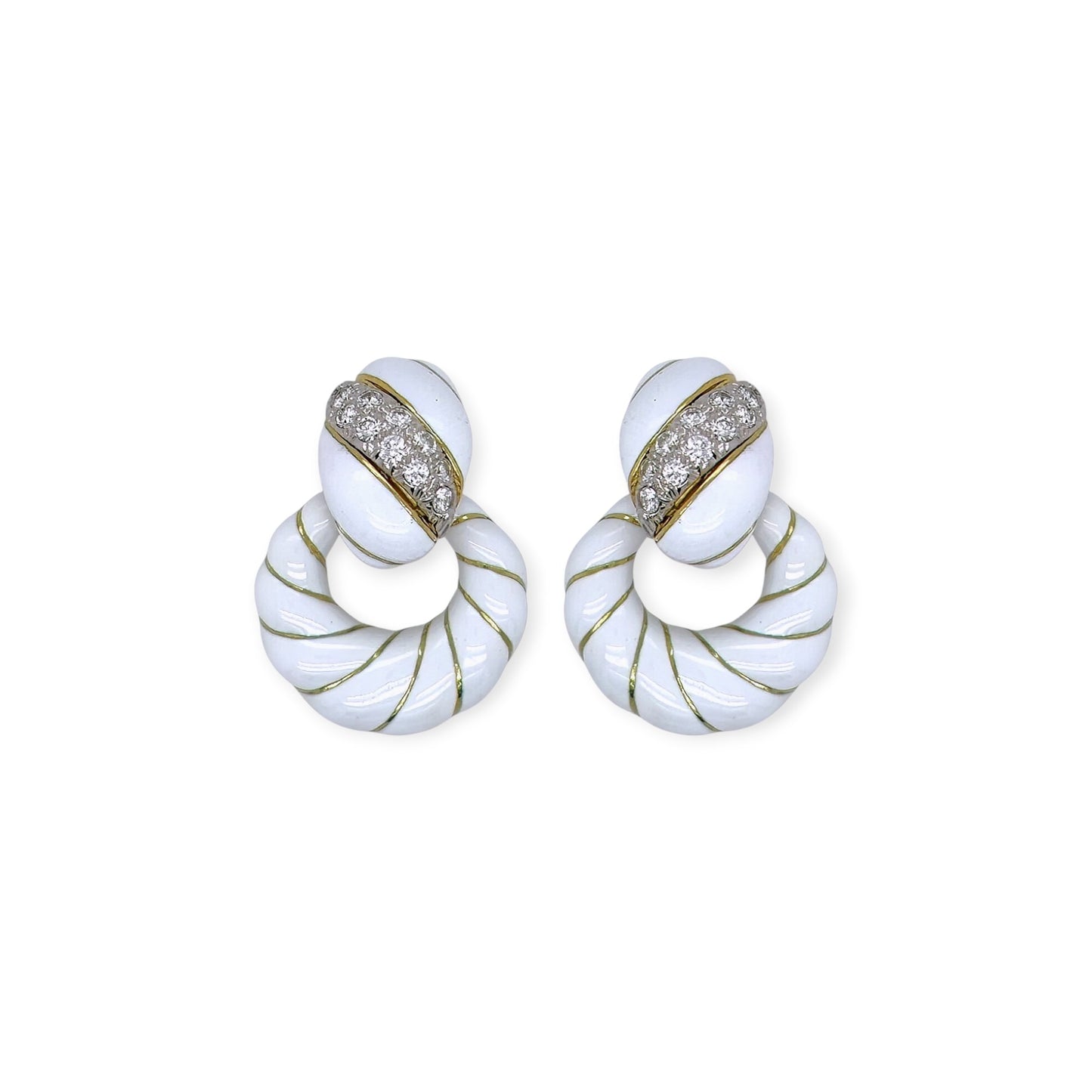David Webb White Enamel Diamond Doorknocker Earrings
