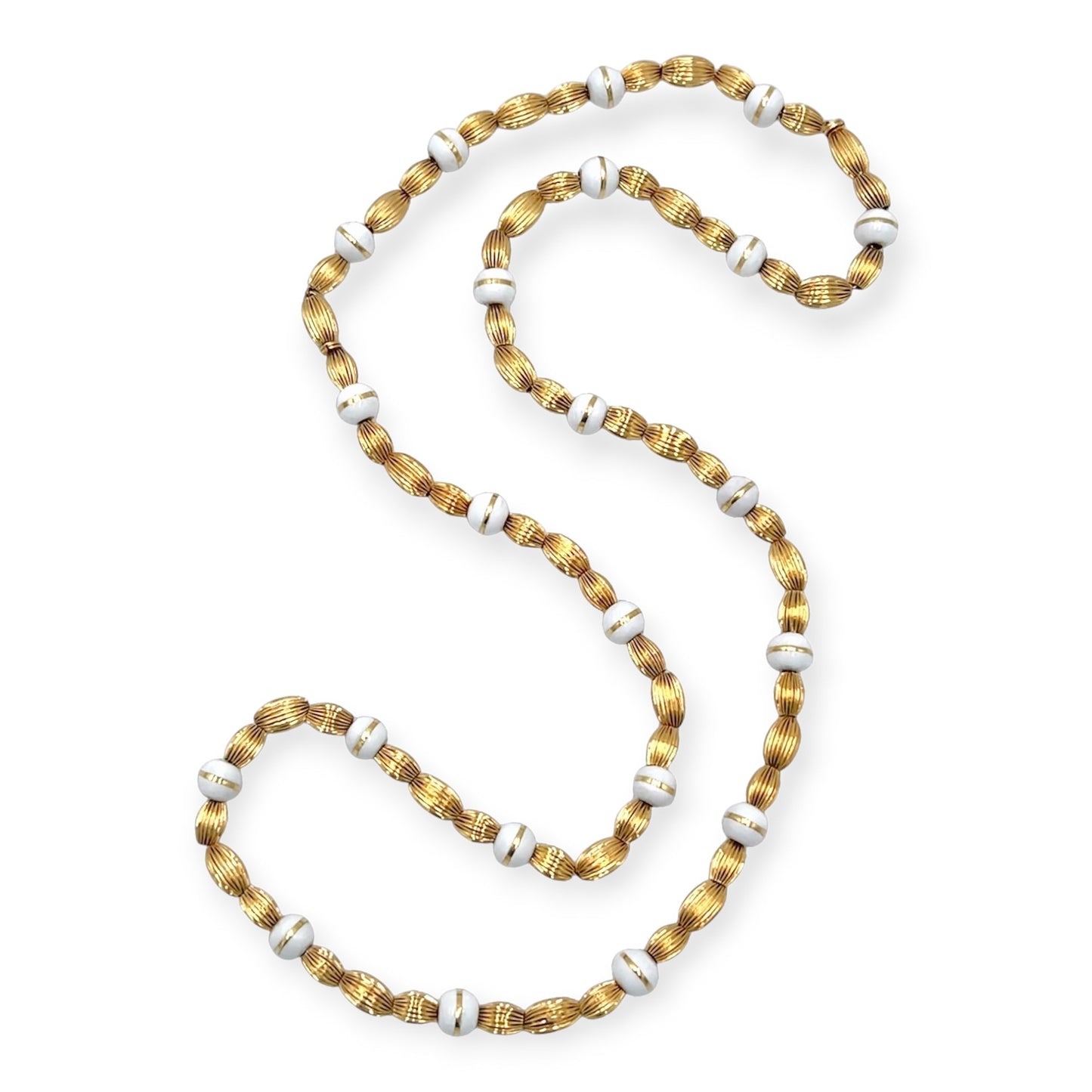 Long Gold Bead White Enamel Necklace