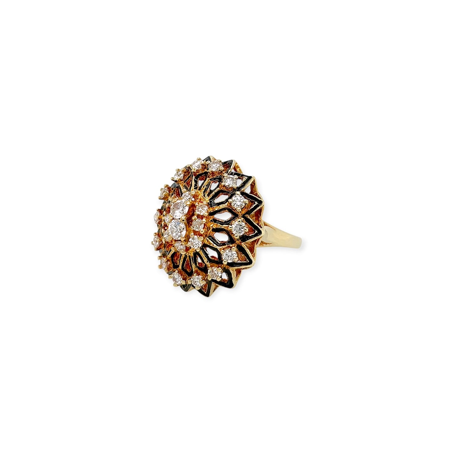 Gold Enamel Diamond Openwork Bombe Ring