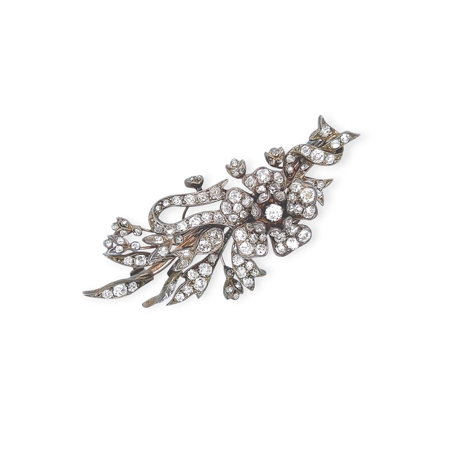 Antique Silver Topped Gold Diamond Flower Brooch