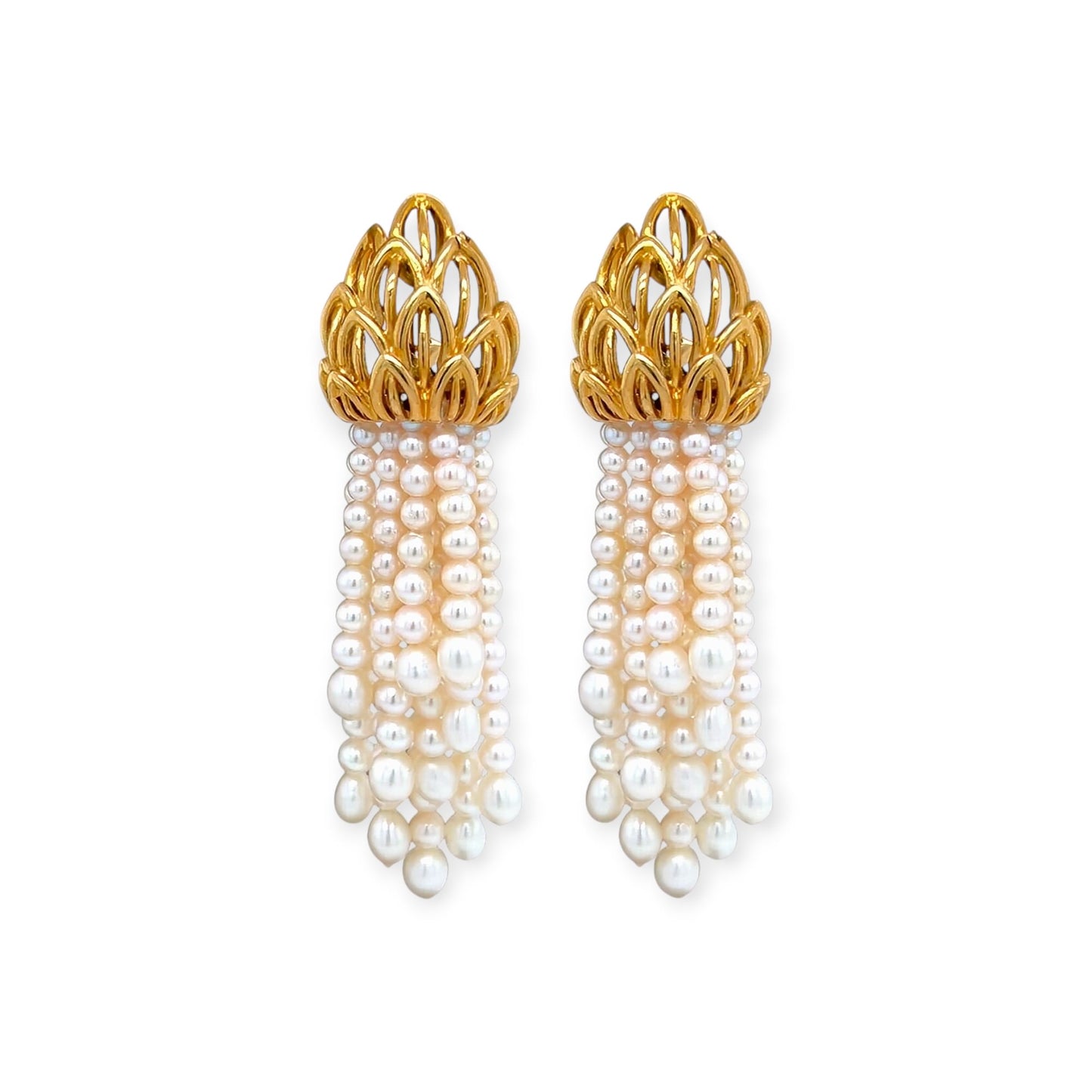 Gold Pineapple Motif Pearl Tassel Earrings