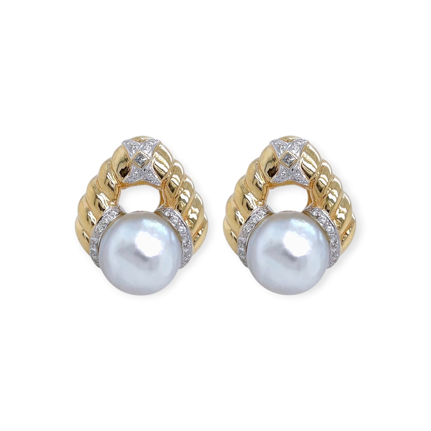 Gold Baroque Pearl Diamond Triangle Earrings