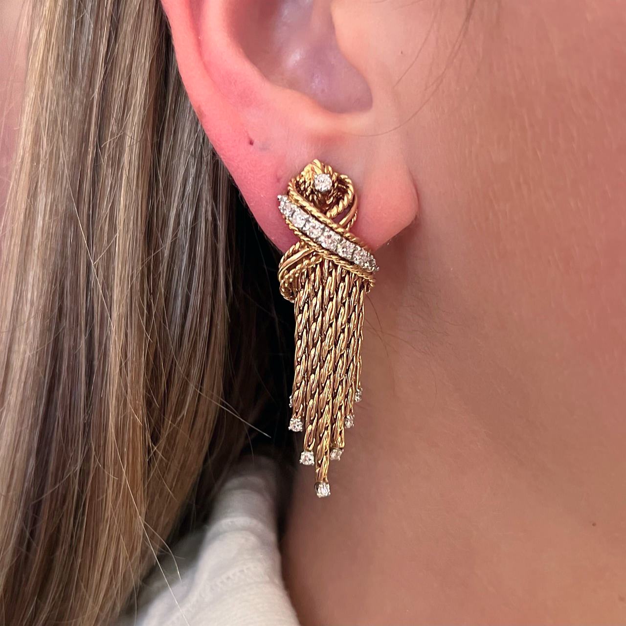 Gold Diamond X Ropework Tassel Earrings