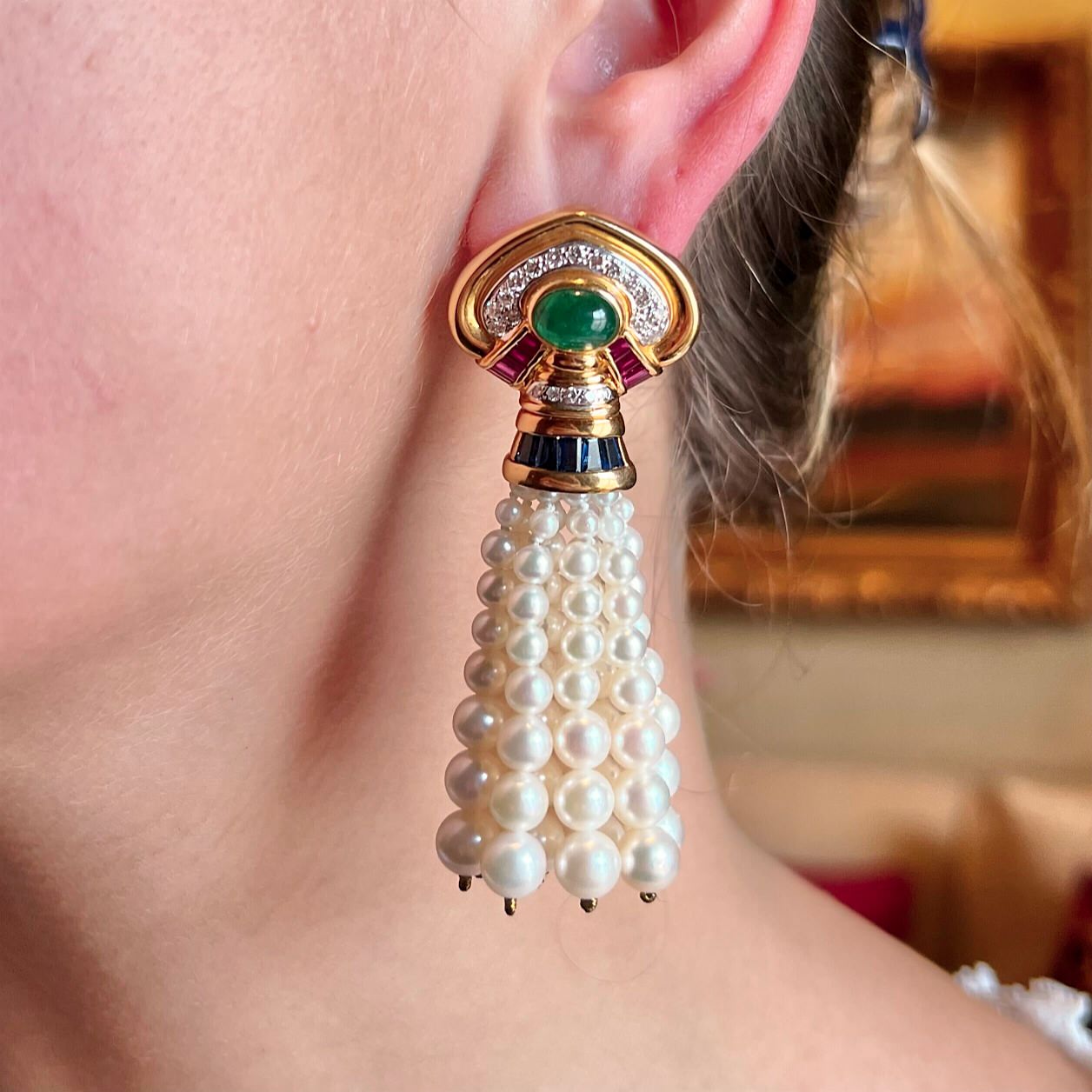 Gold Emerald Ruby Sapphire Pearl Tassel Earrings