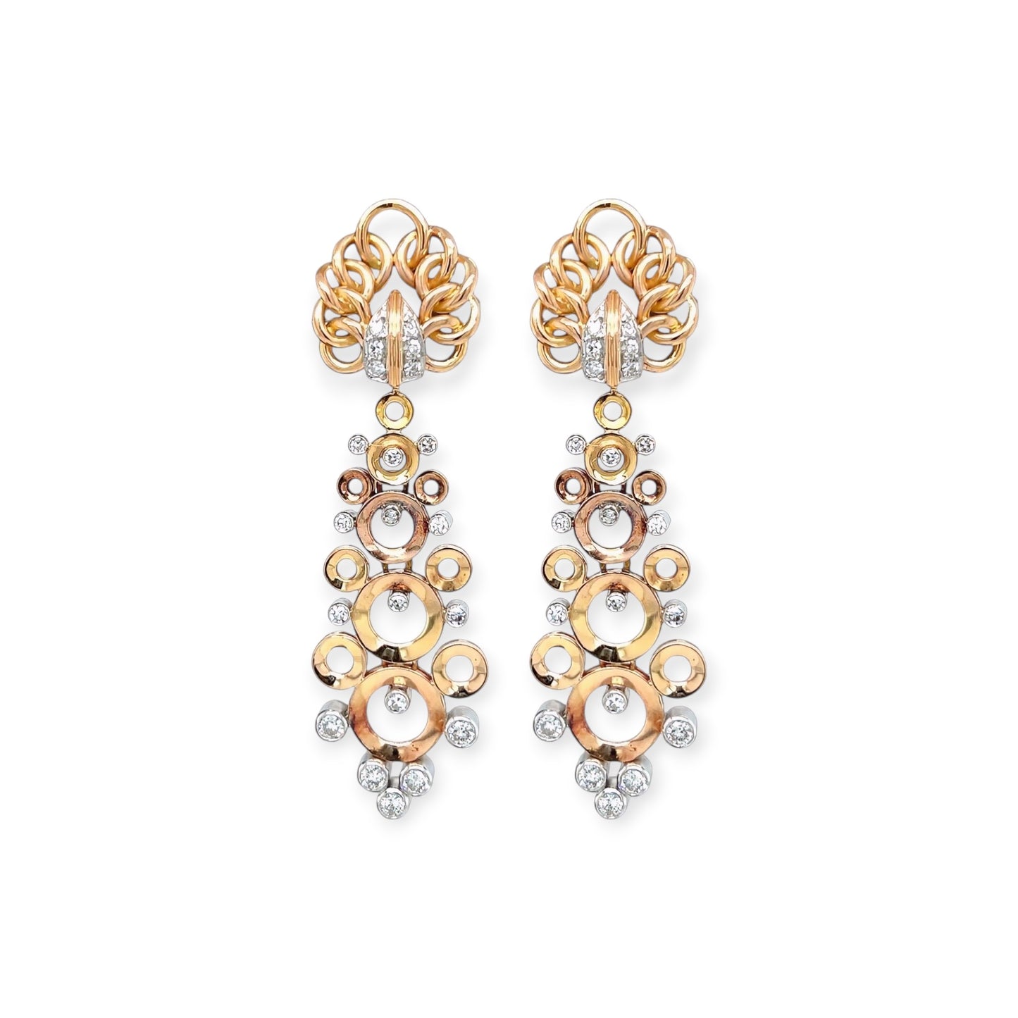 1940s Rose Gold Platinum Diamond Palmette Drop Earrings