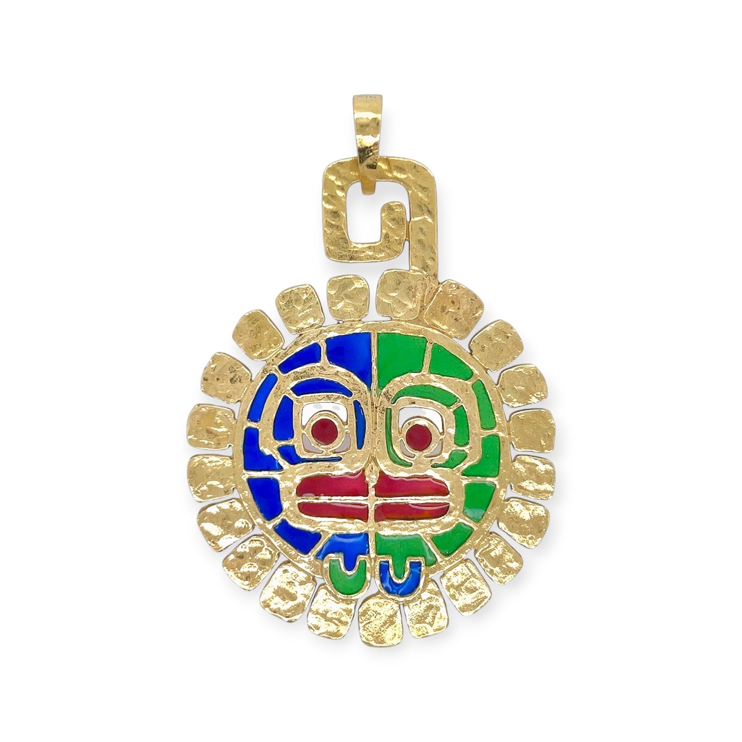 Gold Pre Columbian Sun God Enamel Pendant