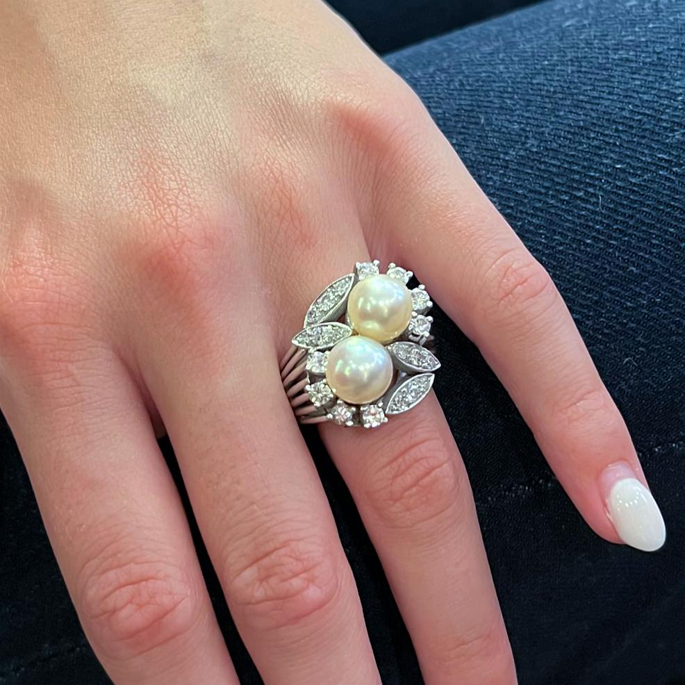 White Gold Two Pearl Diamond Bypass Ring