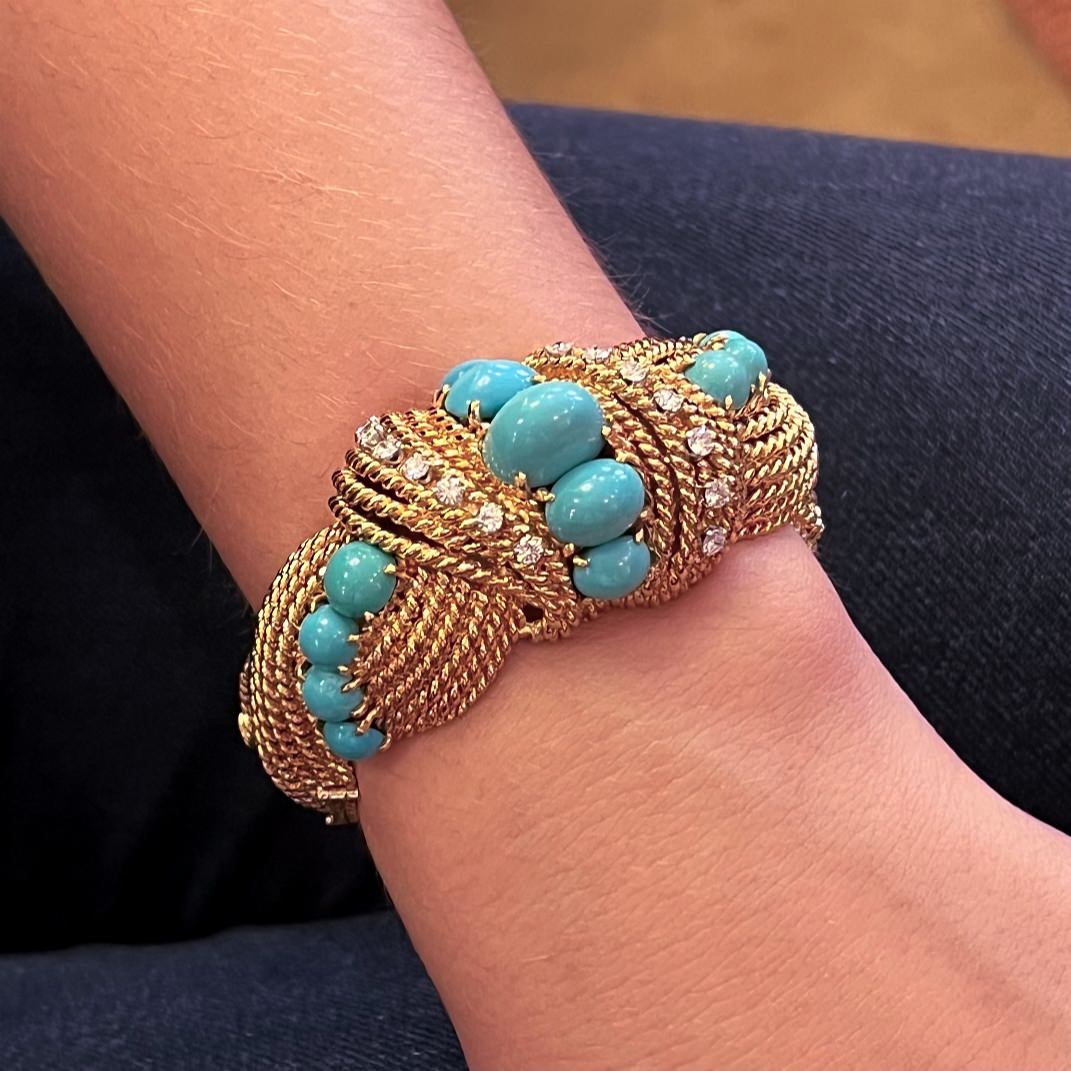 1960s Gold Turquoise Diamond Ropework Bracelet