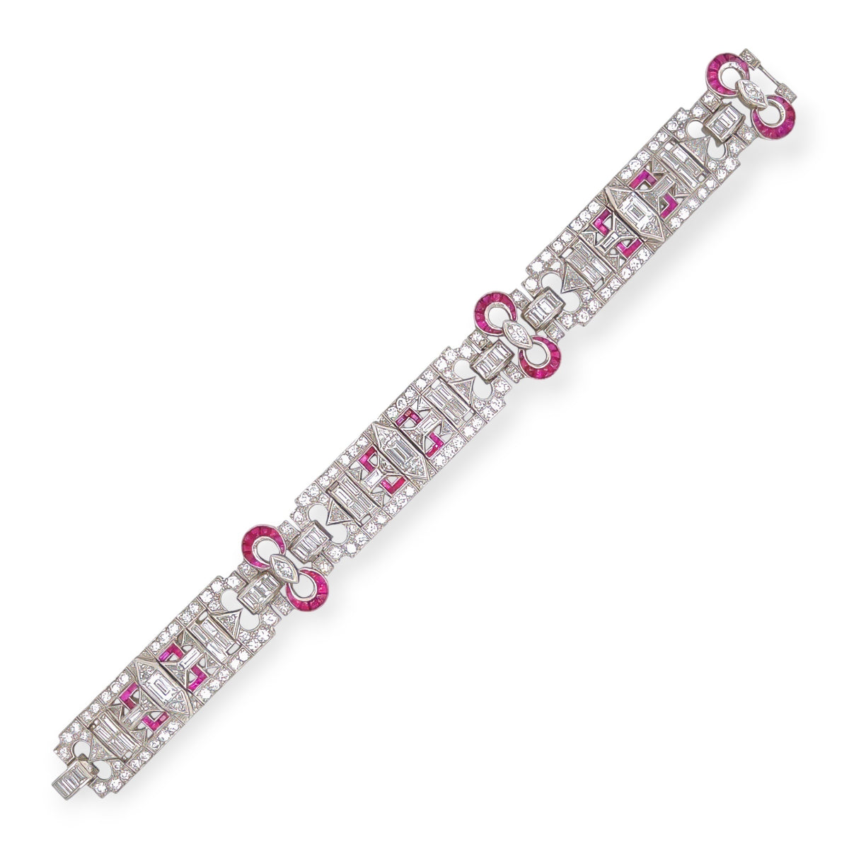 Art Deco Platinum Diamond Ruby Geometric Bracelet