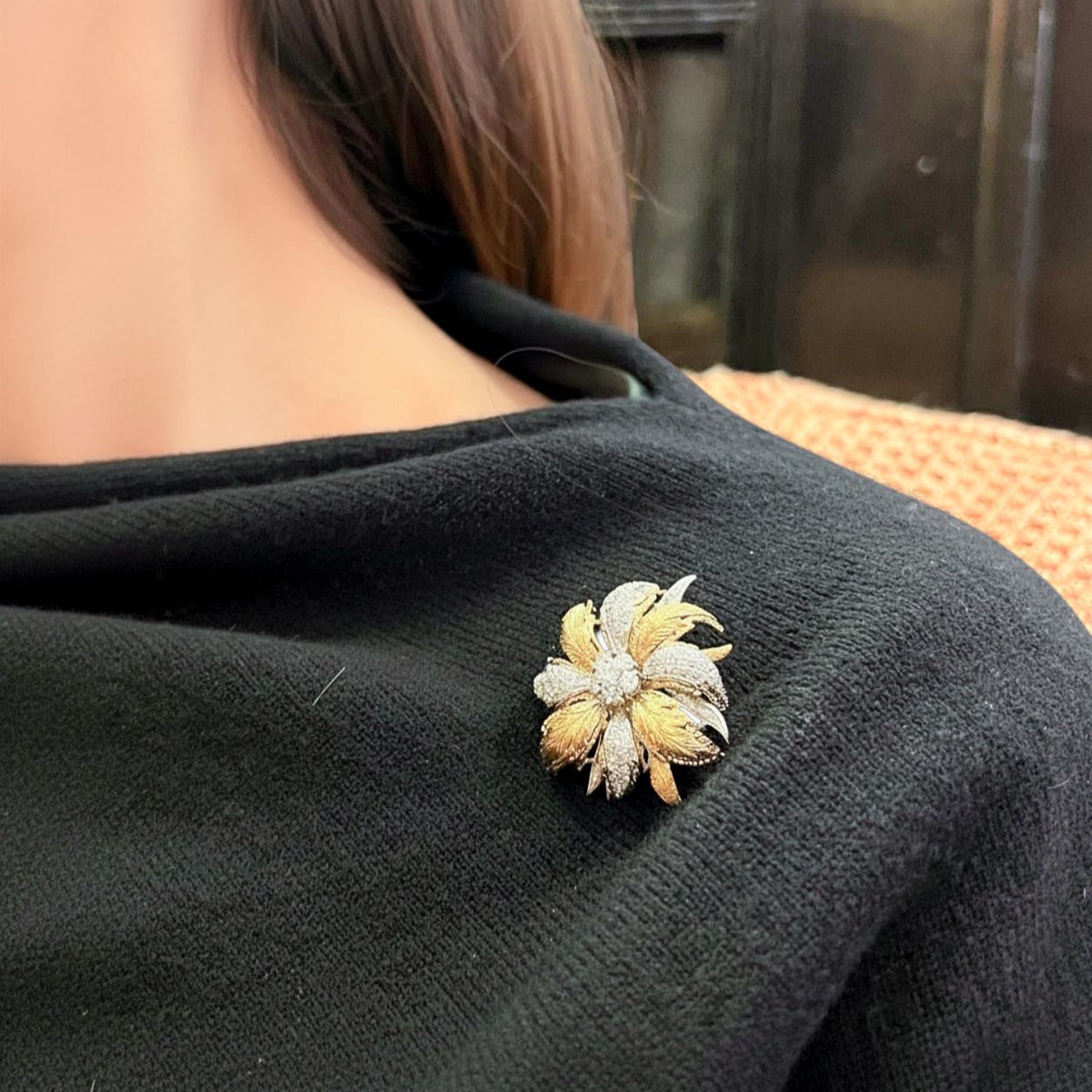 Gold Diamond Flower Brooch