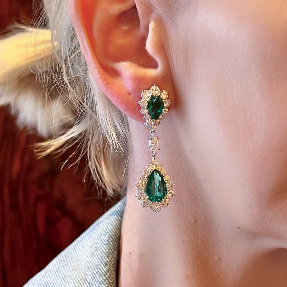 Platinum Gold Emerald Diamond Drop Earrings