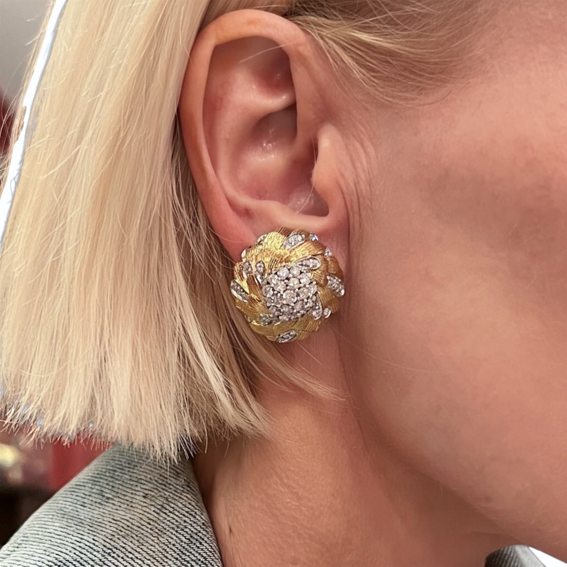 Gold Diamond Domed Foliate Earrings