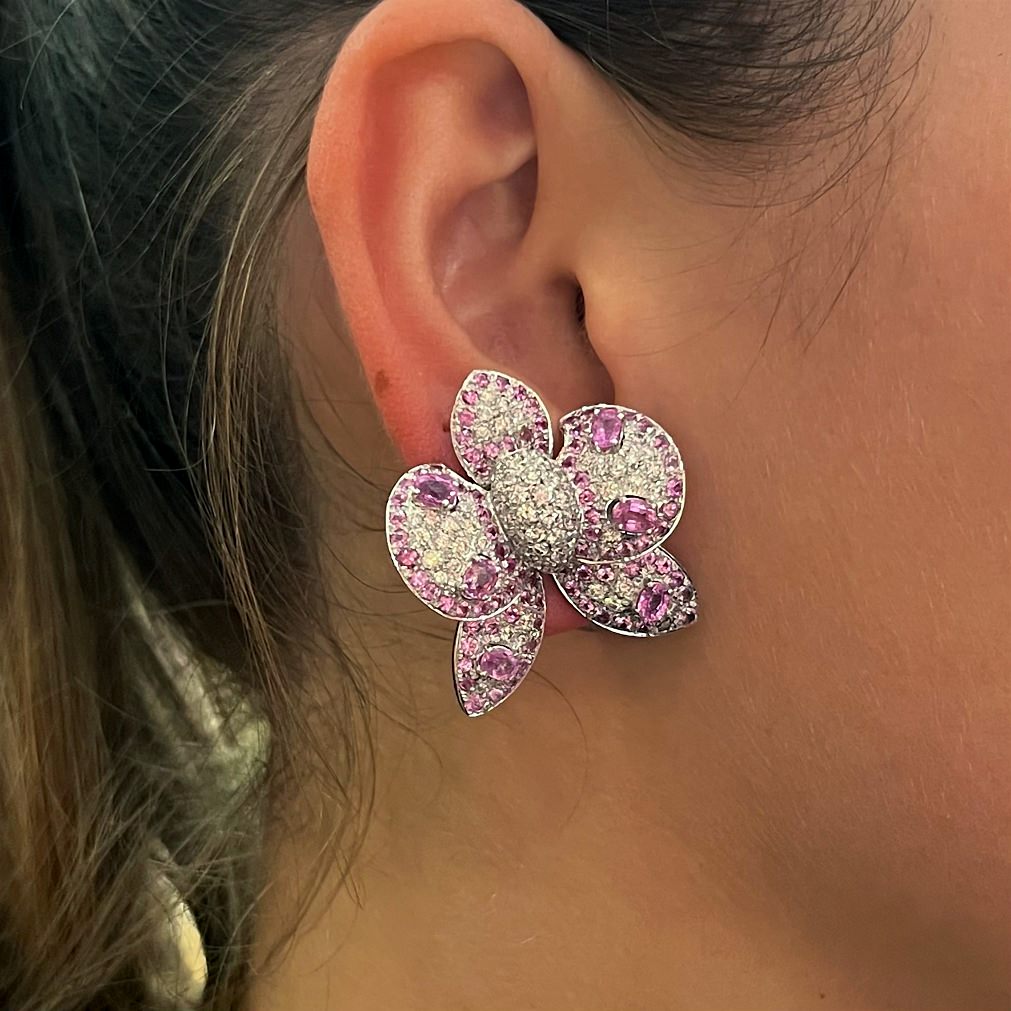 White Gold Pink Sapphire Diamond Orchid Earrings