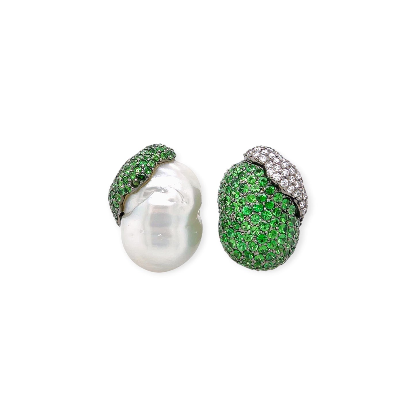 White Gold South Sea Pearl Tsavorite Garnet Diamond Earrings