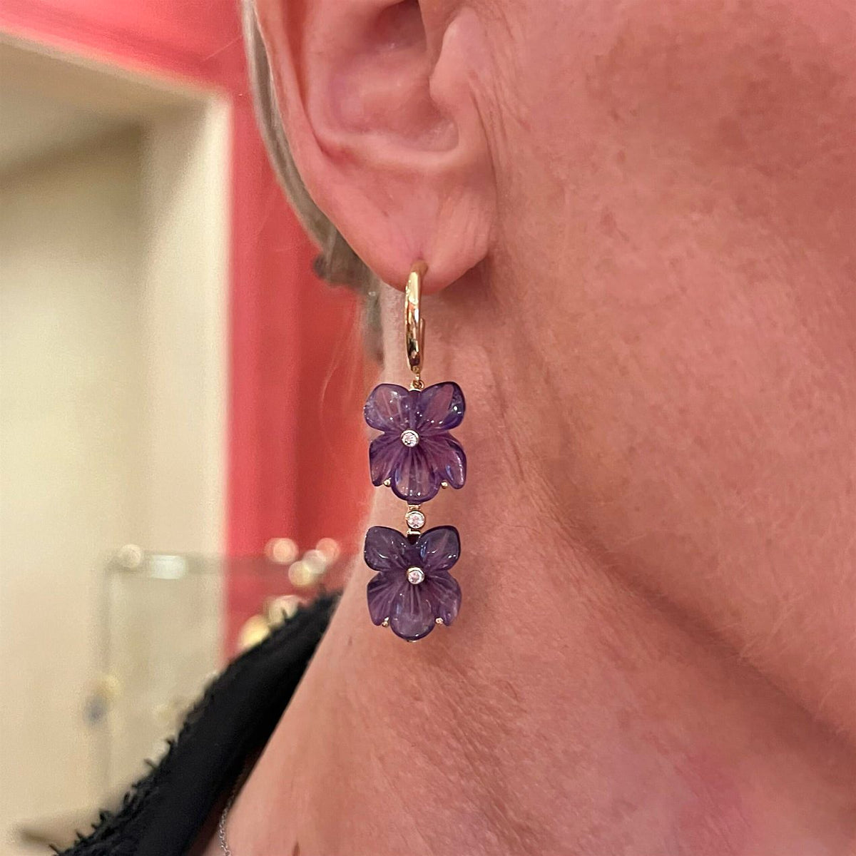Gold Carved Amethyst Diamond Flower Earrings