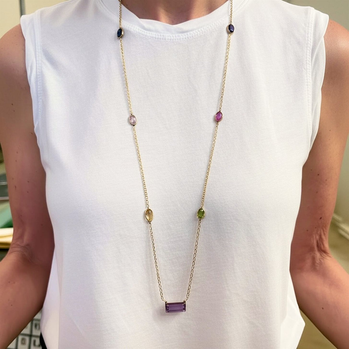 Gold Multi-Gem Chain Link Necklace