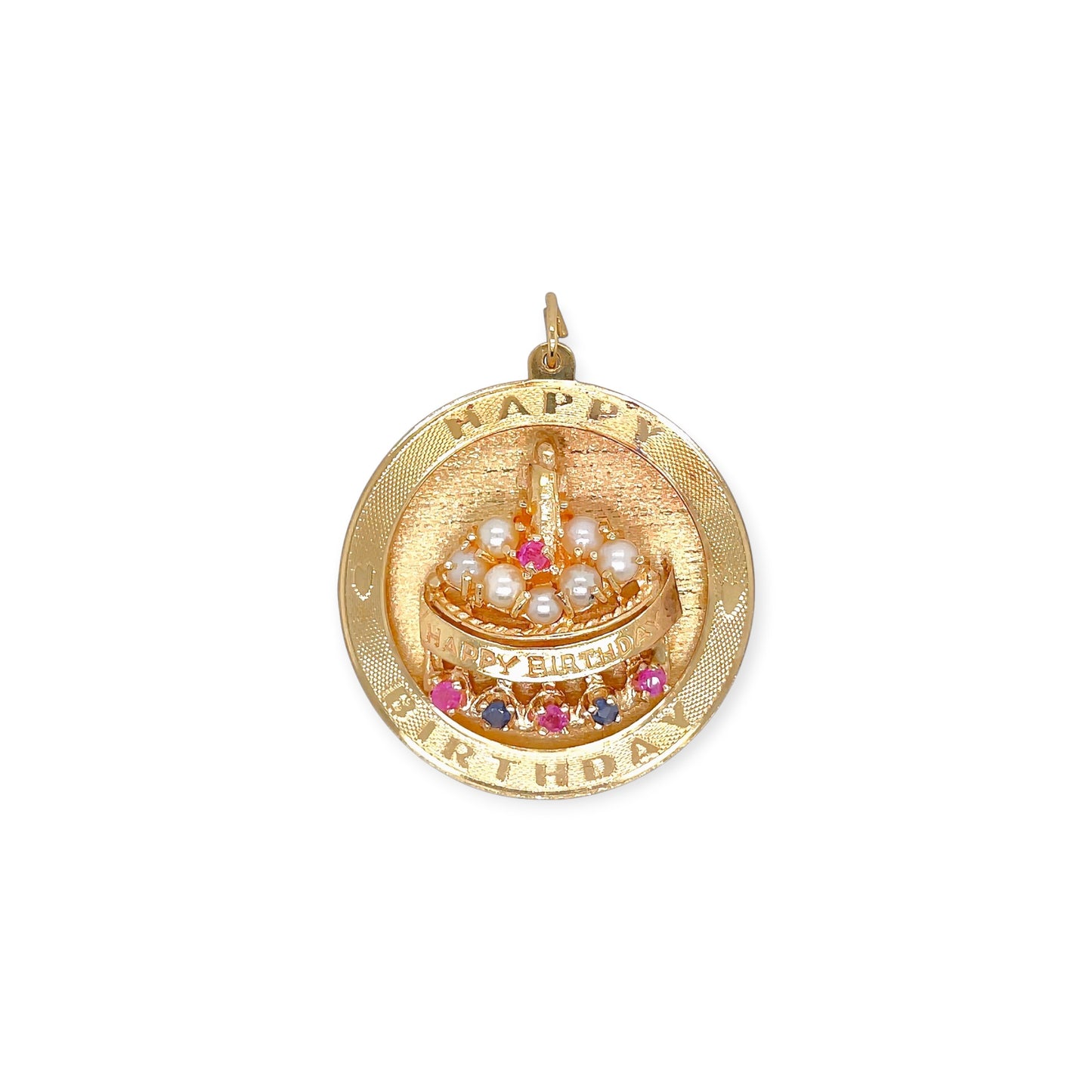 Gold Ruby Sapphire Pearl Happy Birthday Charm Pendant