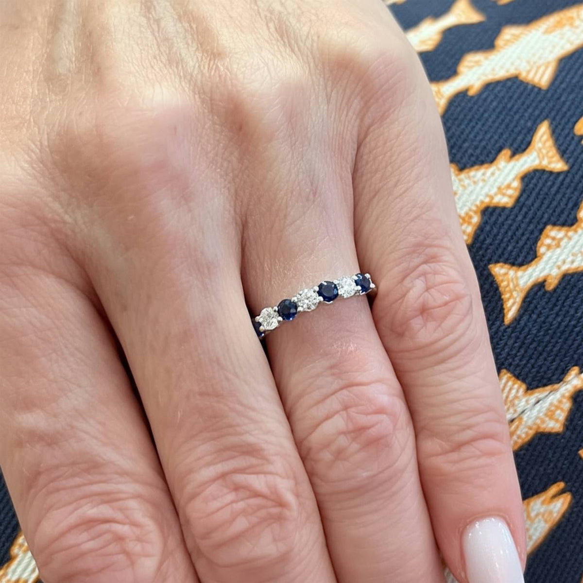 White Gold Sapphire Diamond Alternating Band Ring
