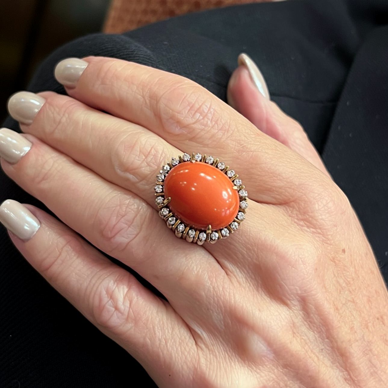 Gold Oval Coral Diamond Ring