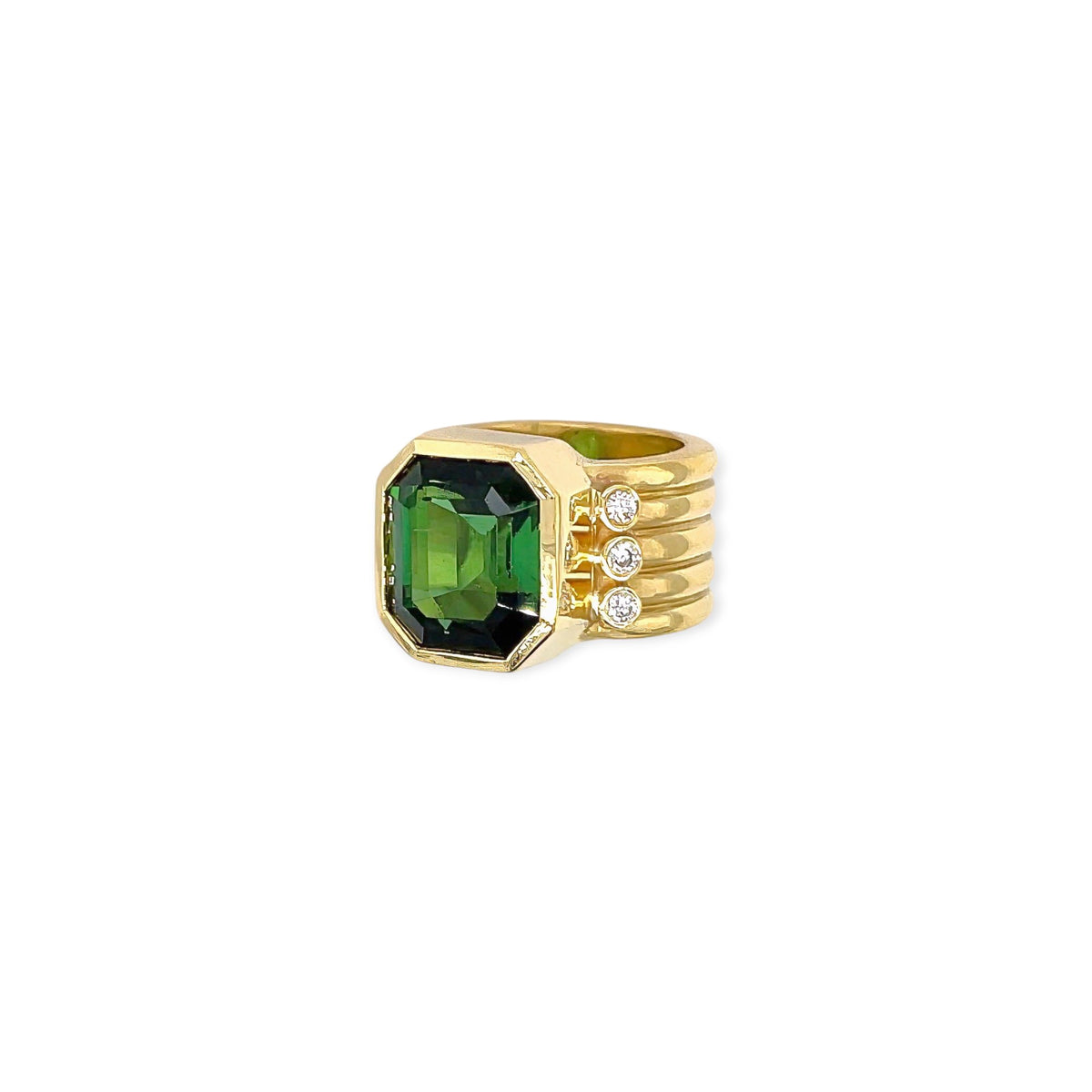 Emerald Cut Green Tourmaline Gold Diamond Ring