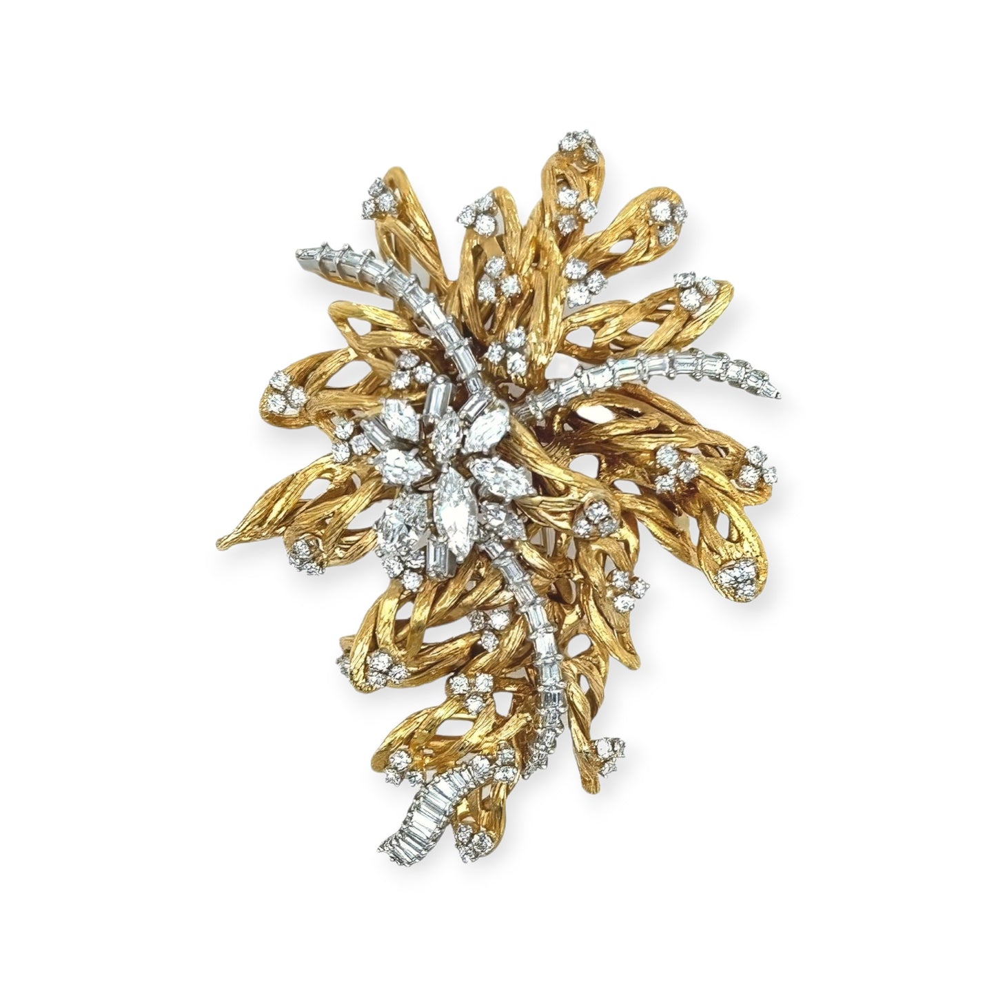 1950s Large Gold Diamond Foliate Brooch