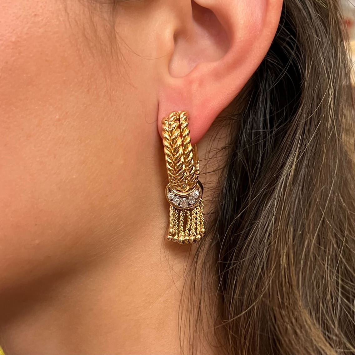 1940s Gold Diamond Tassel Ropework Earrings