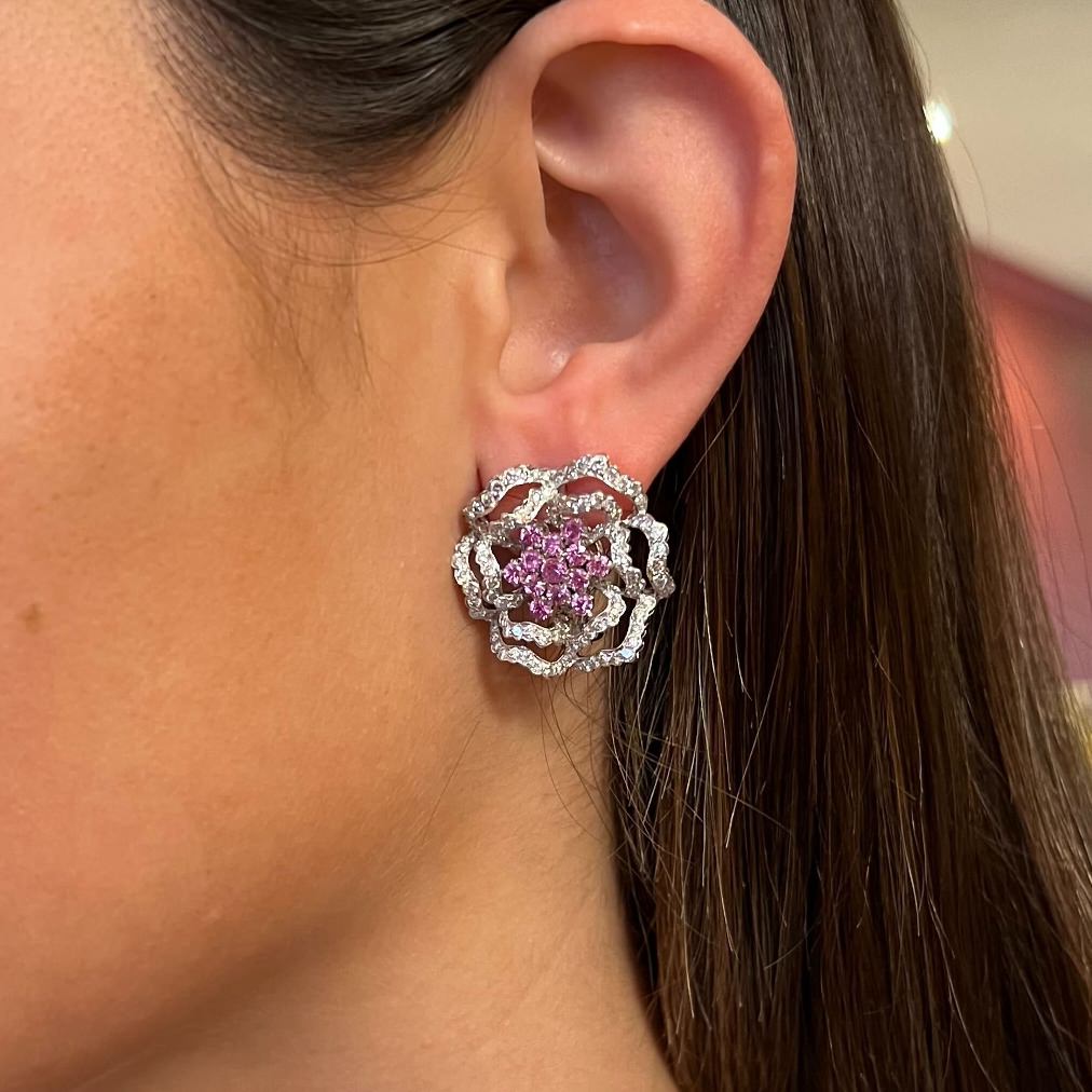 Pink Sapphire Diamond Flower Earrings