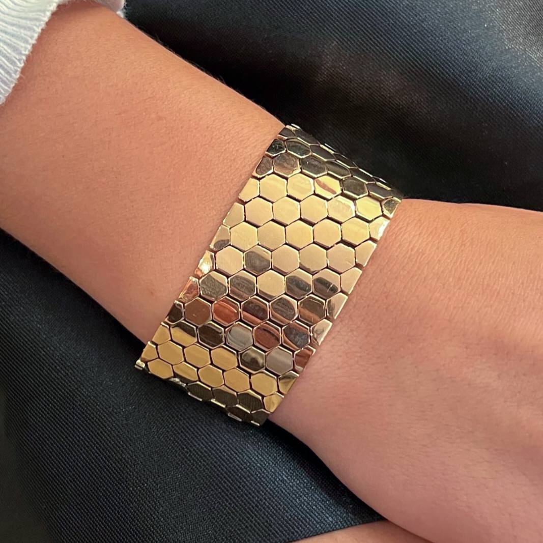 Wide Gold Hexagonal Brickwork Bracelet