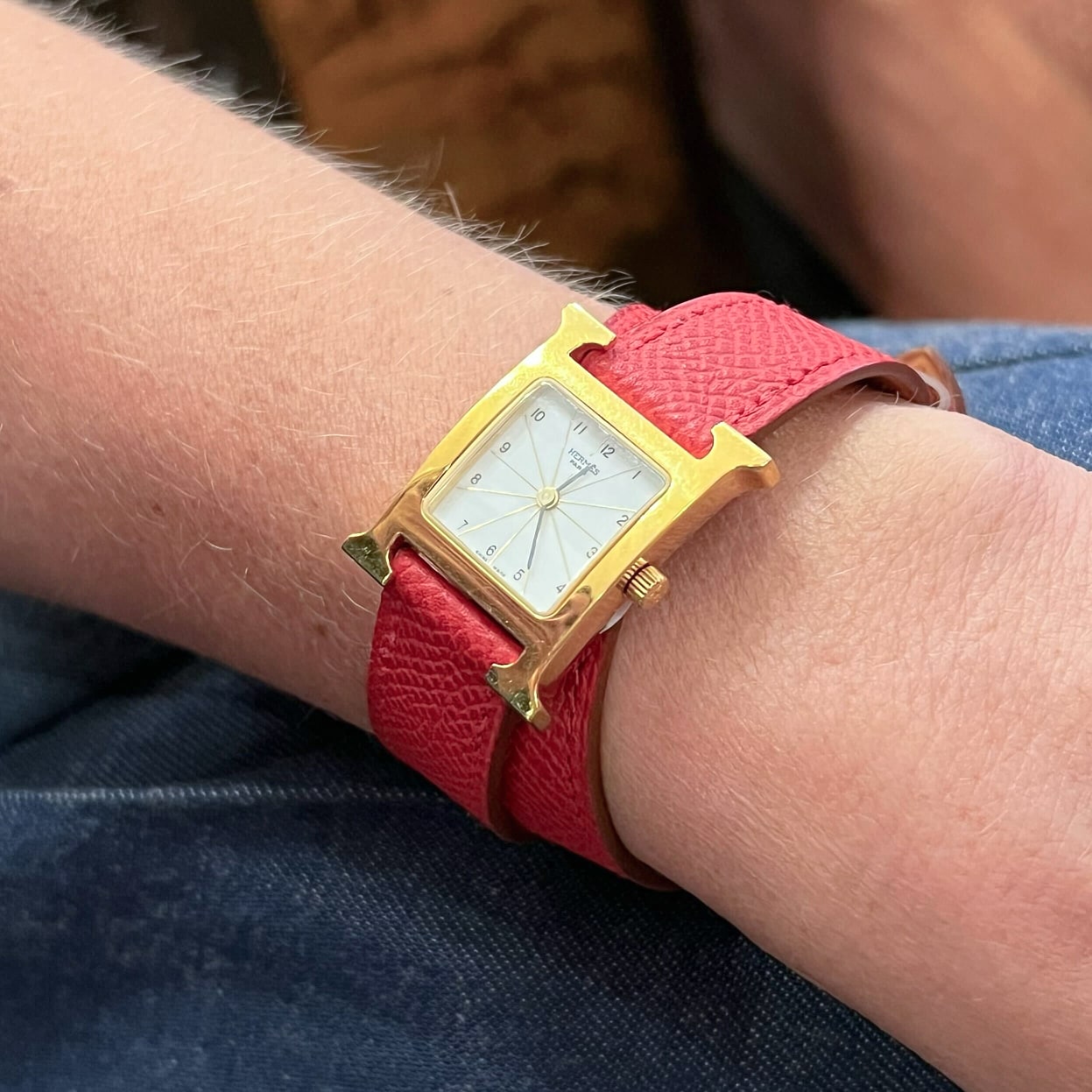 Hermes Heure H Red Leather Double Strap Watch