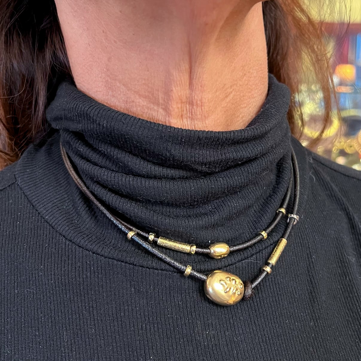 Misani Gold Silver Black Cord Collar Necklace