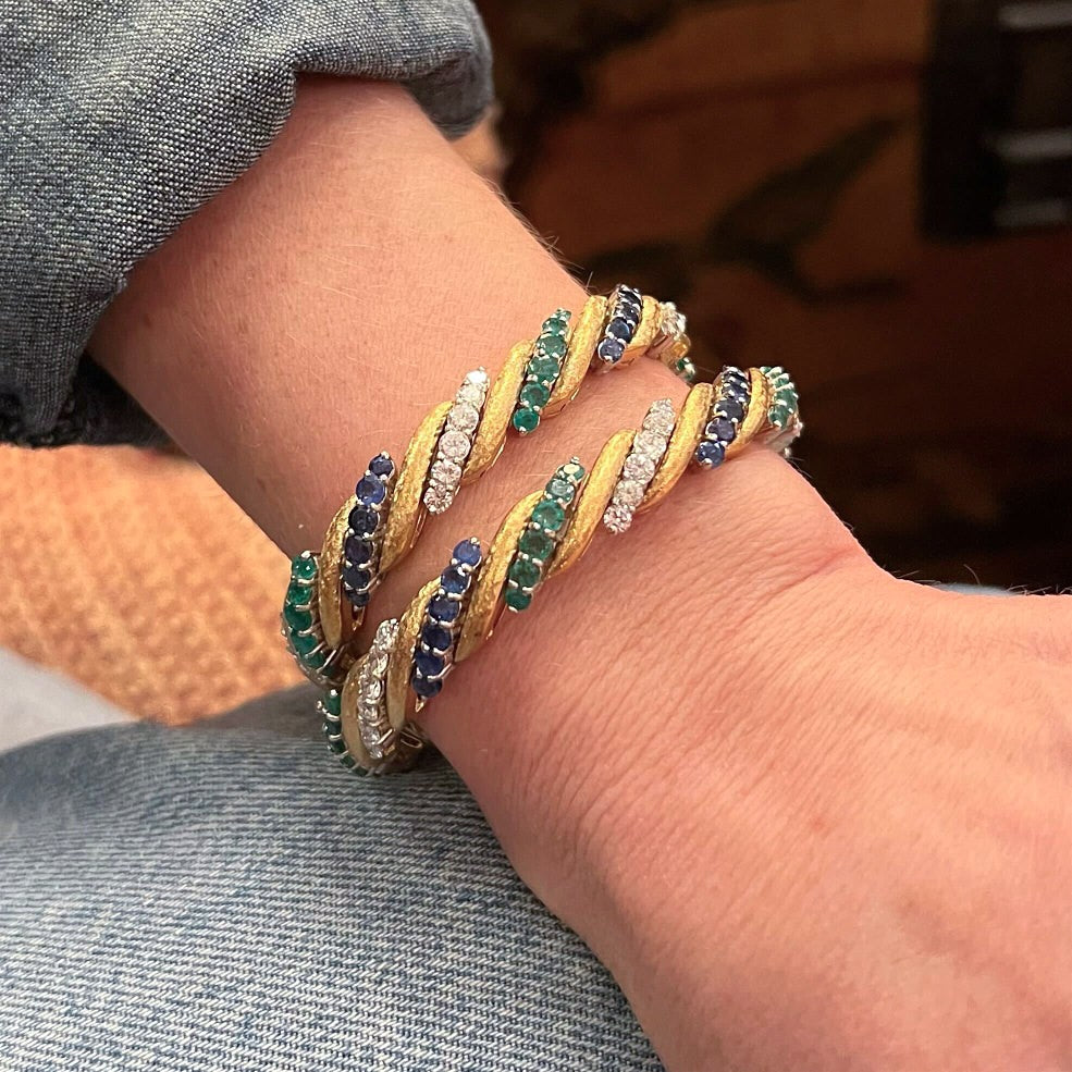 Two Sapphire Emerald Diamond Gold Bracelets