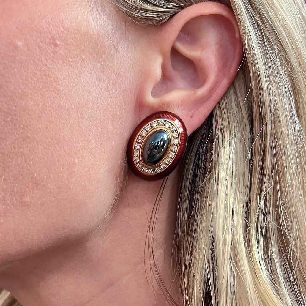 Oval Hematite Enamel Diamond Gold Earrings