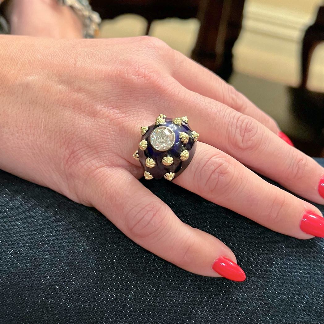 Blue Enamel Diamond Dome Ring