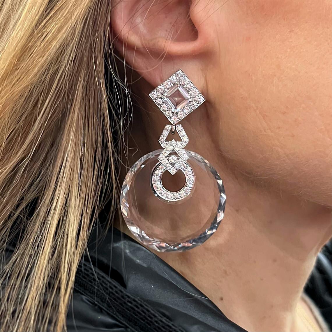 David Webb Rock Crystal Diamond Circular Drop Earrings