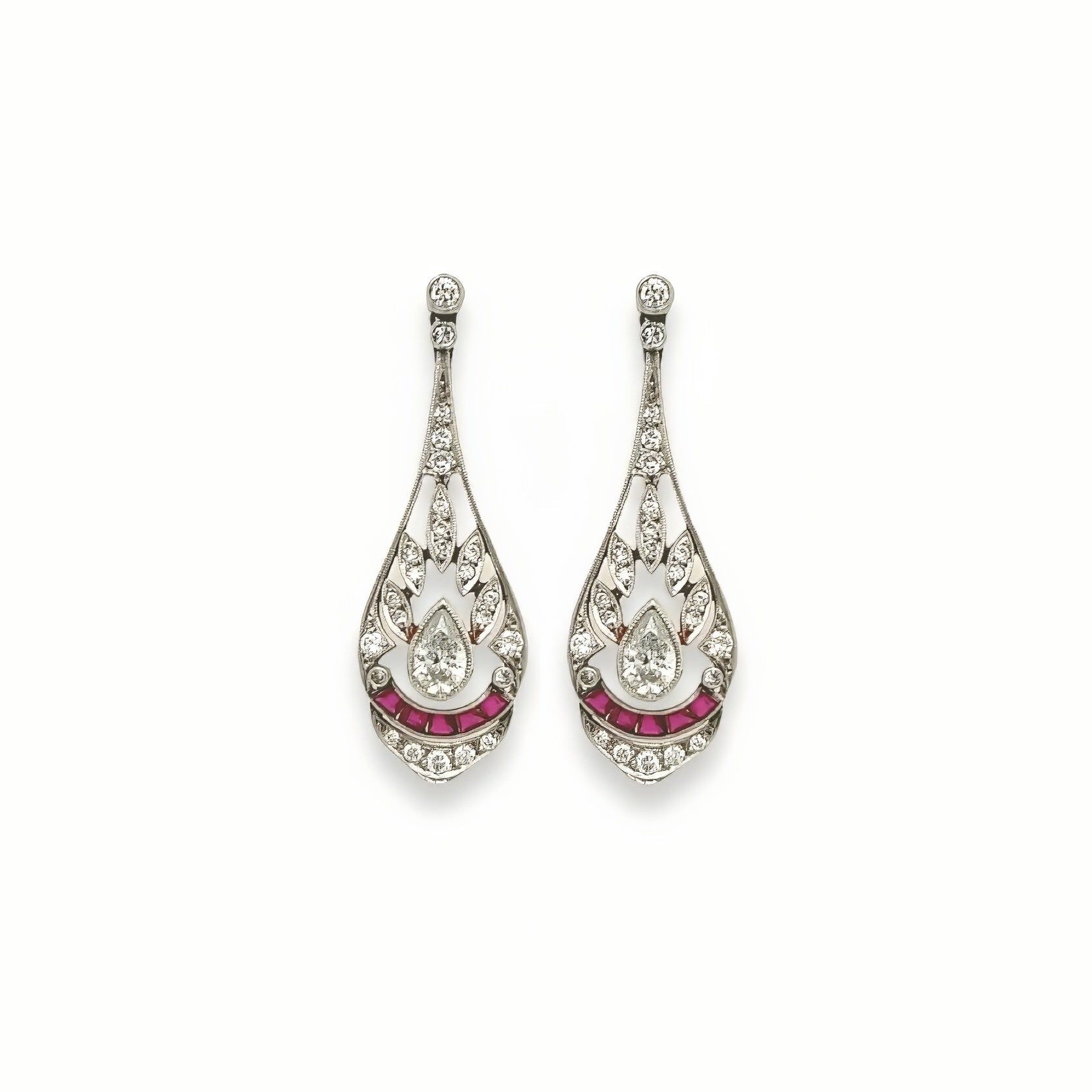 1920s Platinum Ruby Diamond Drop Earrings