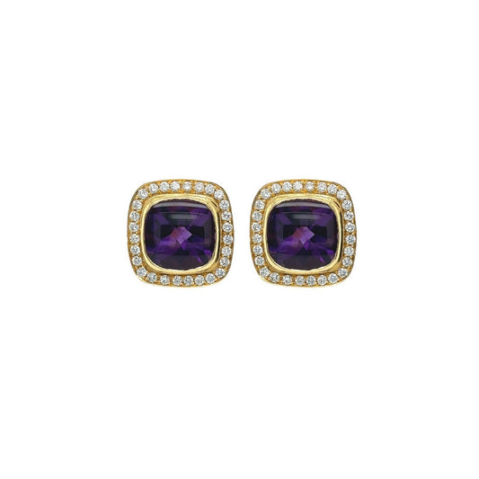 Square Amethyst Diamond Gold Earrings