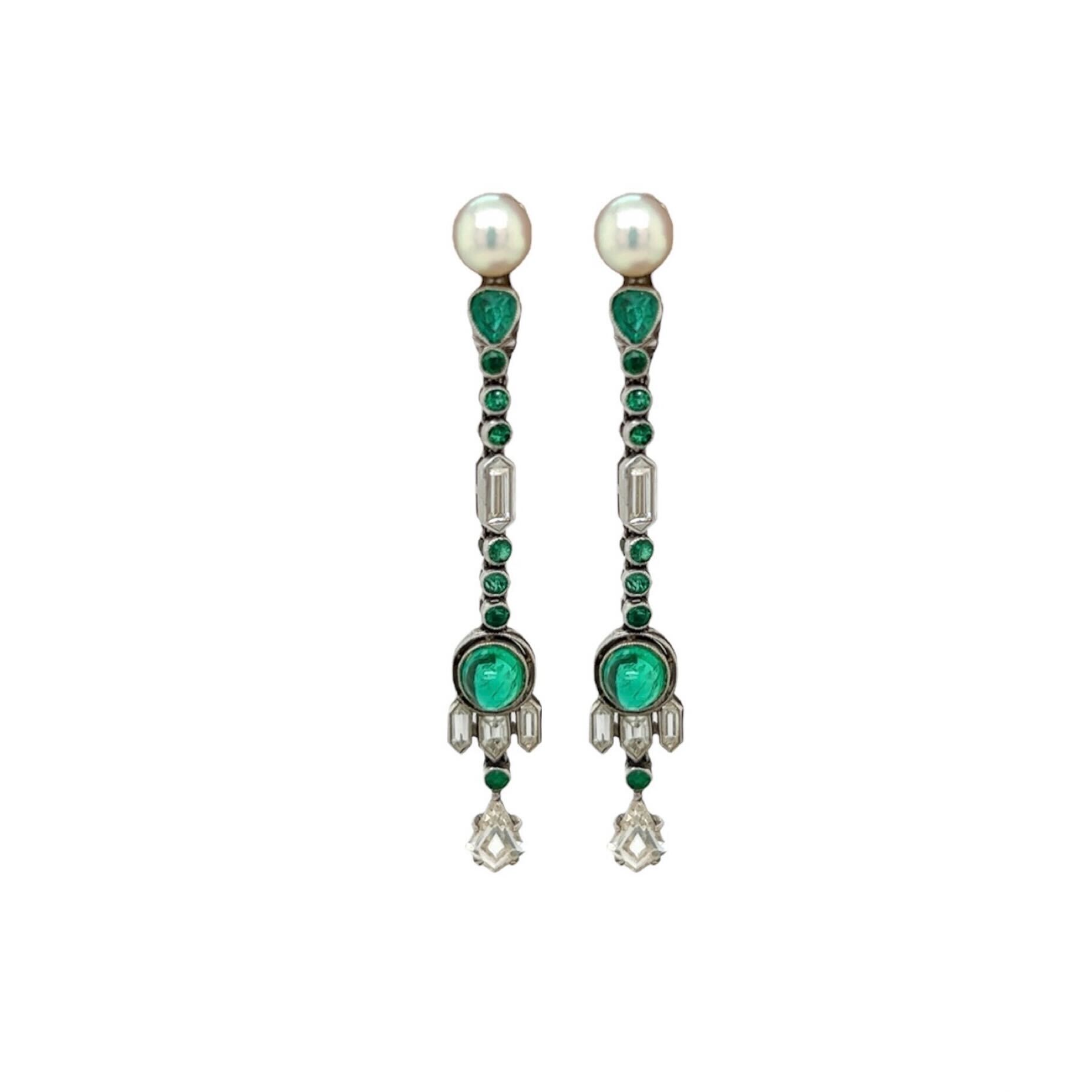 Art Deco Natural Pearl Emerald Diamond Earrings