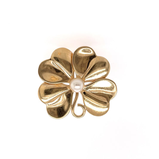 Gold Pearl Clover Brooch