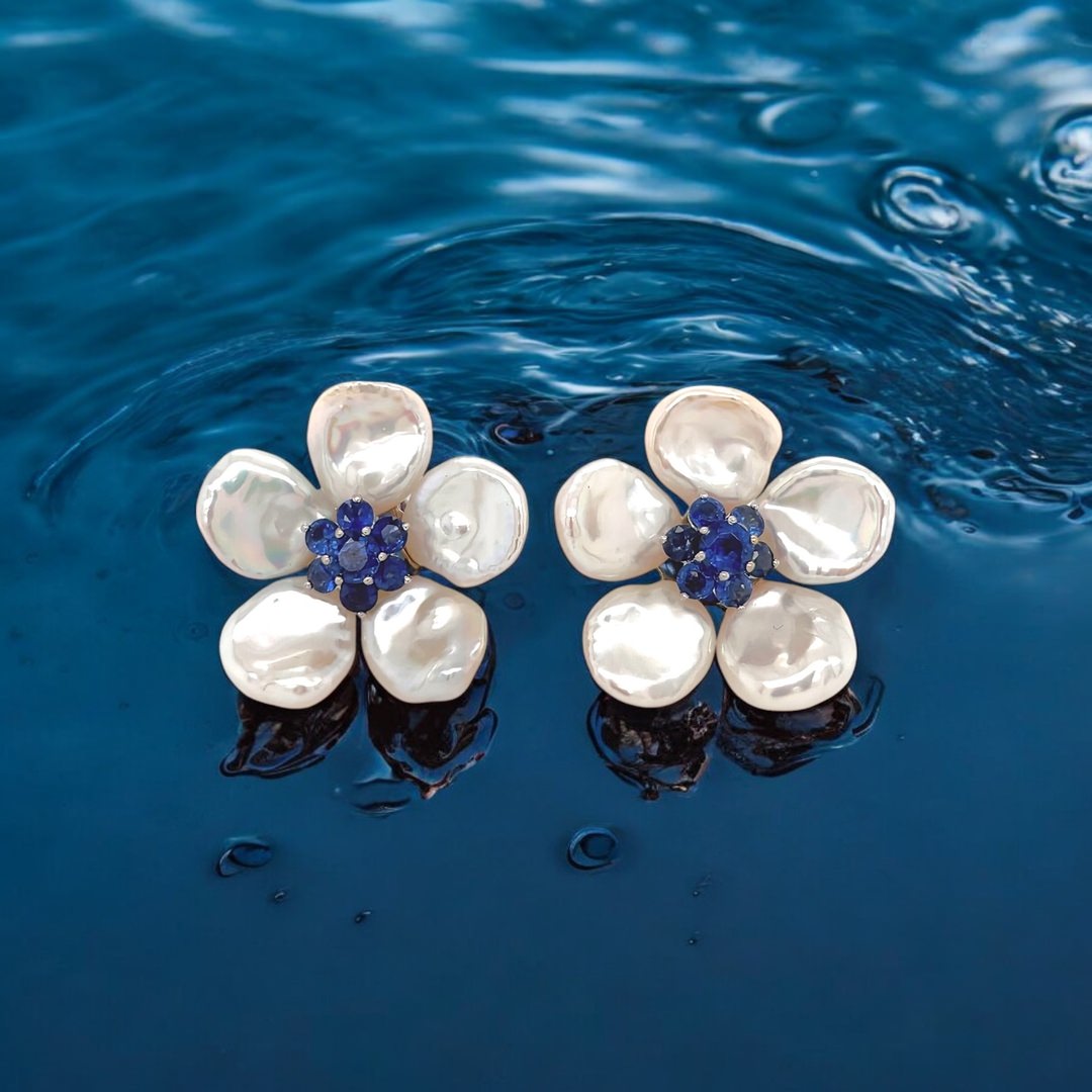 Seaman Schepps Pearl Sapphire Flower Earrings