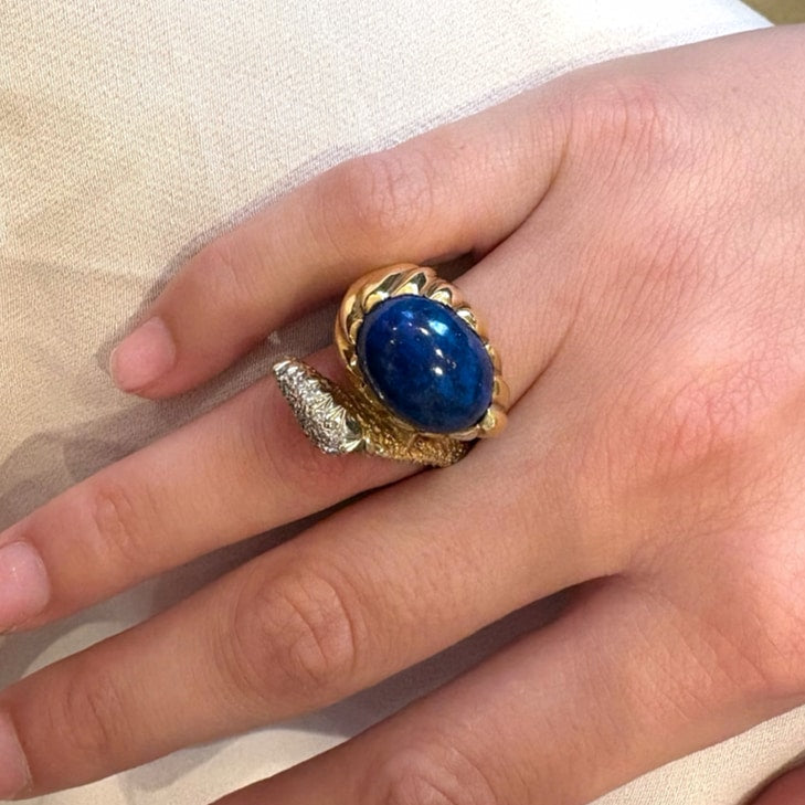 Oval Cabochon Lapis Gold Diamond Ring