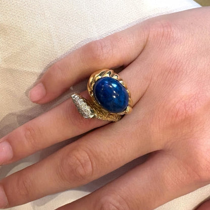 Oval Cabochon Lapis Gold Diamond Ring