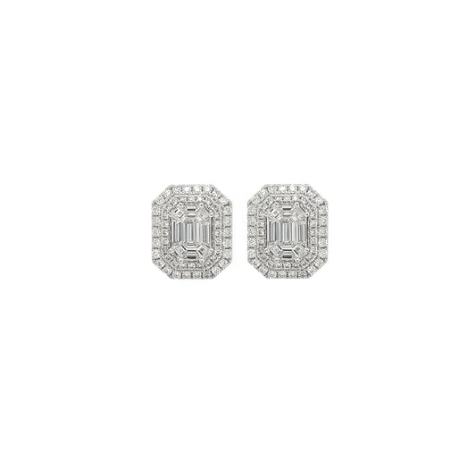 Rectangular White Gold Diamond Stud Earrings