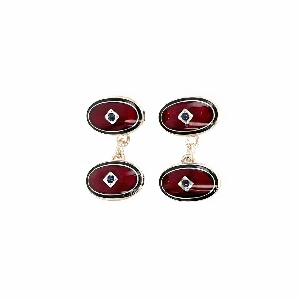 Maroon Enamel Sapphire Silver Cufflinks