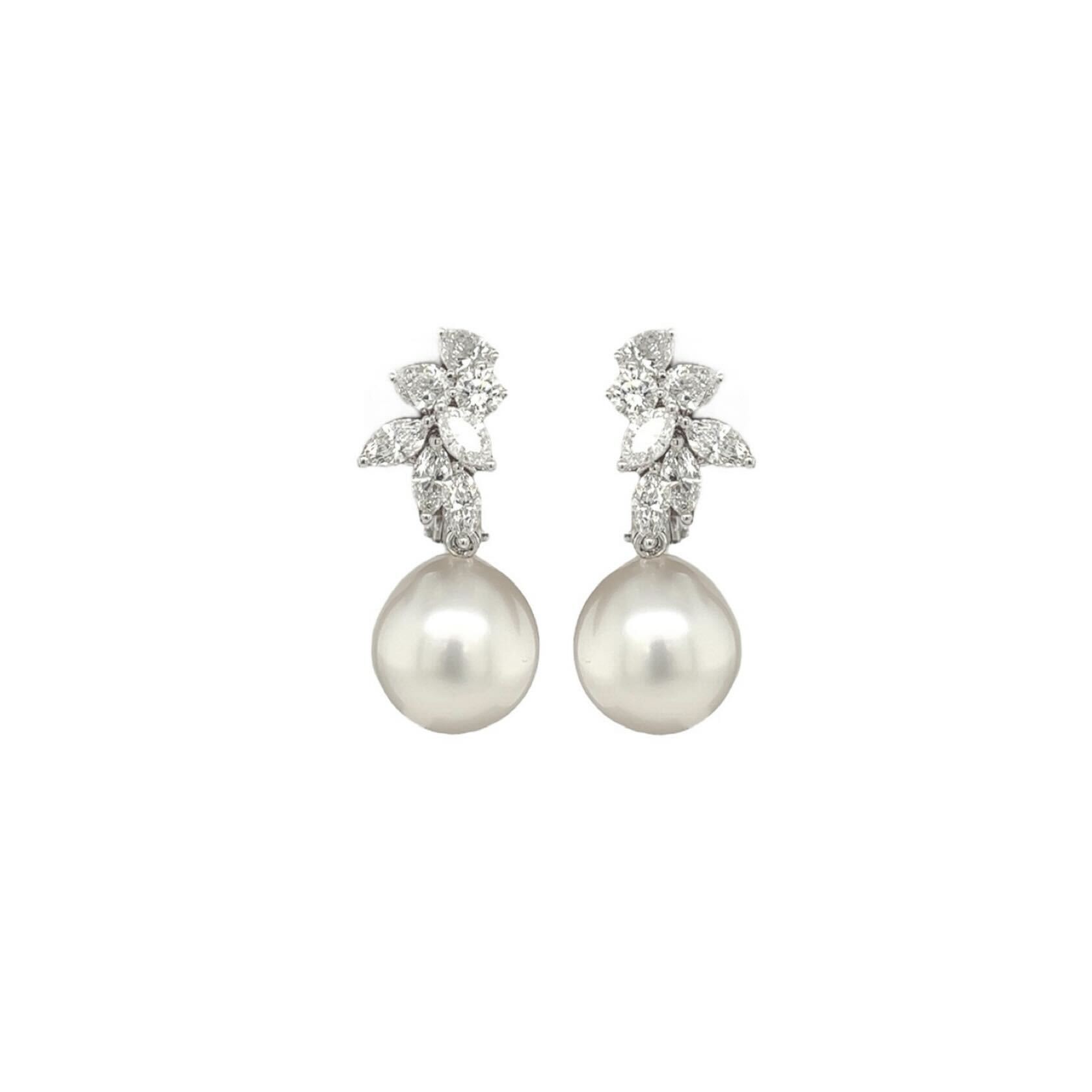 Pearl Diamond Cluster Drop Earrings