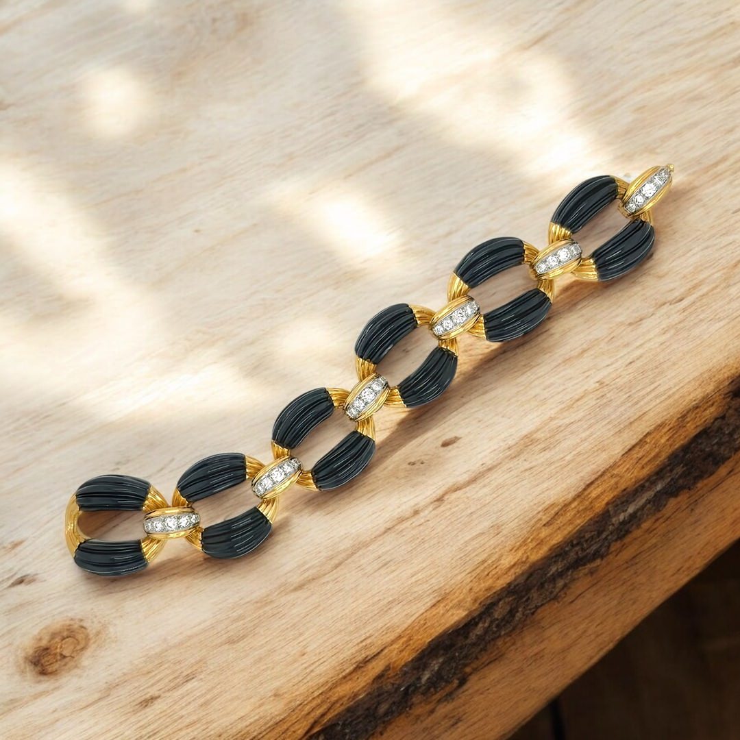 Black Onyx Diamond Gold Link Bracelet