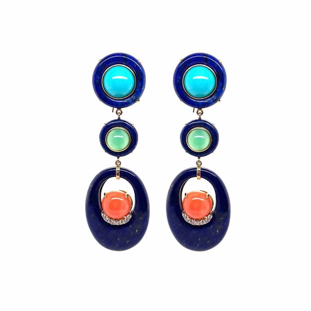 Lapis Gem Set Diamond Hanging Earrings