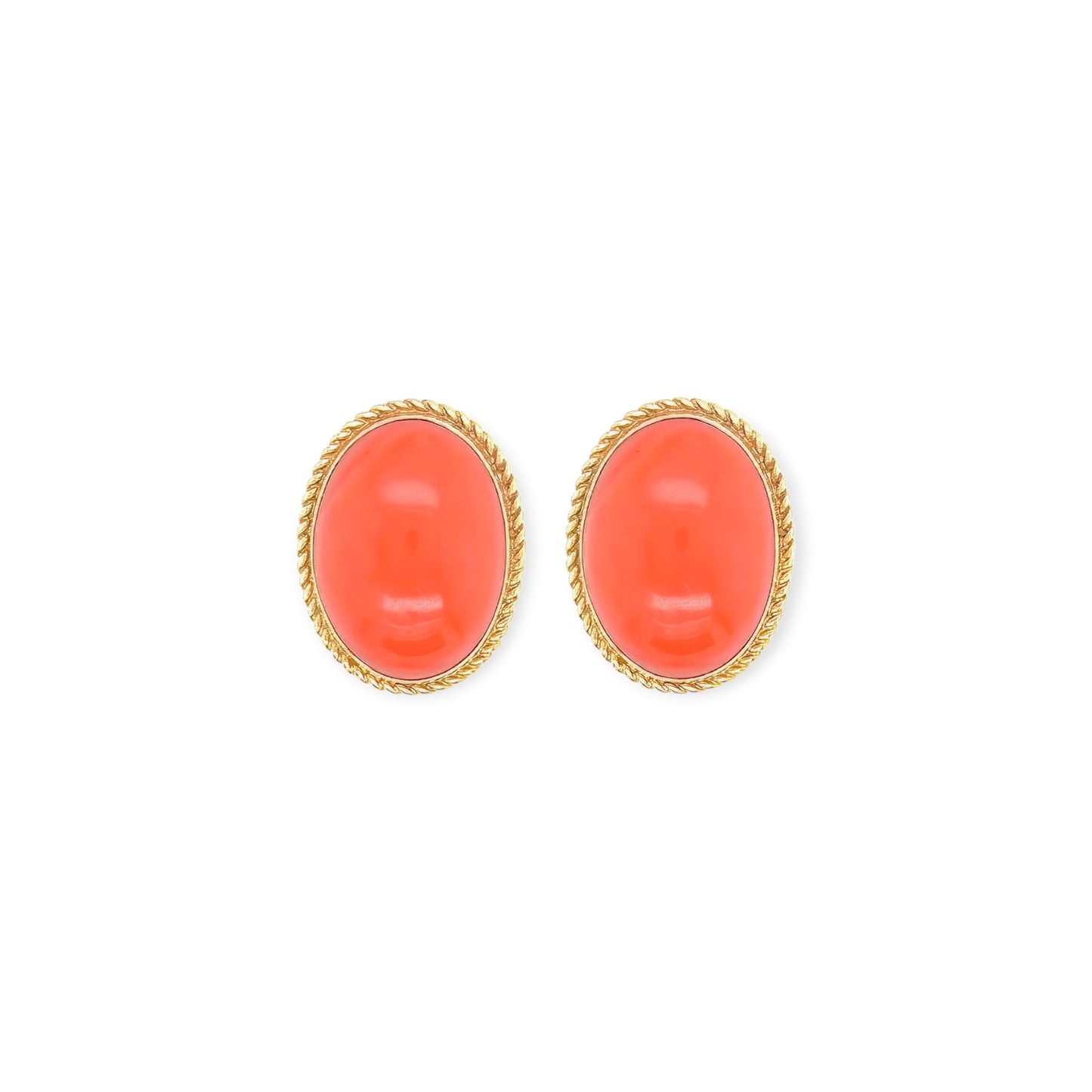 Gold Oval Cabochon Coral Earrings